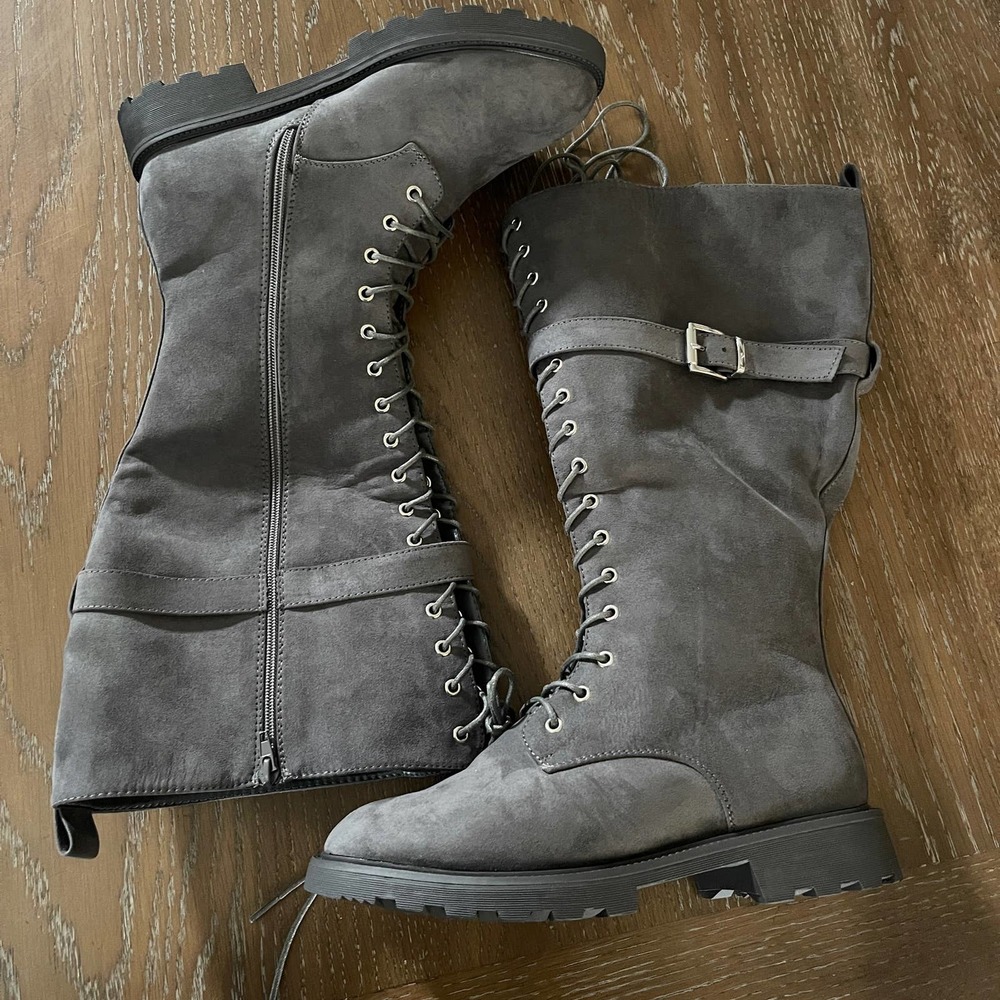 Just Fab Boots Womens Size 9 Gray Demi Lace Up Tall Lug Buckle Winter
